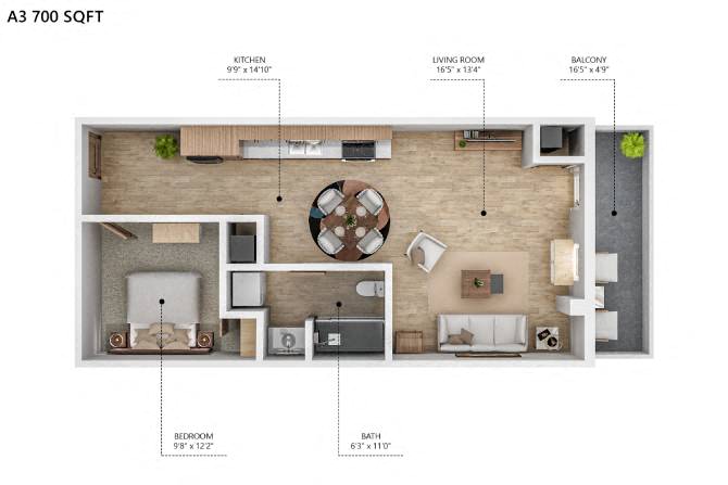 Floor plan for 1 bed, 1 bath, 705 sqft